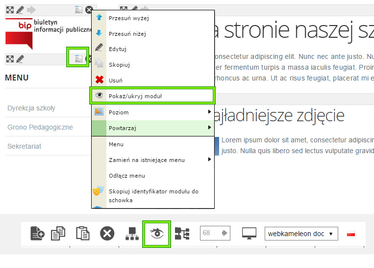 Pokaż / ukryj Content Box lub Stronę